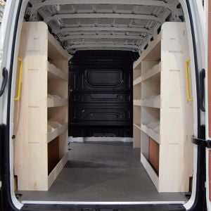 Rear van view of VW Crafter MWB Racking and Shelving - Triple Pack