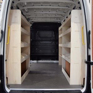 Rear van view of VW Crafter 2006- MWB NS Rear and Driver Side Ply Racking and Shelving