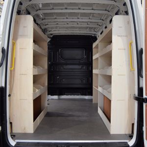 Rear van view of MAN TGE L2 Racking and Shelving - Triple Pack
