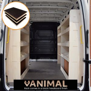 Rear van view of the MAN TGE 2017- MWB Hexaboard Triple Van Racking with Toolbox Shelf
