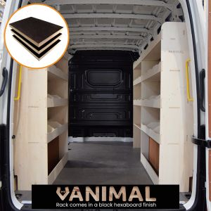 Rear van view of the MAN TGE 2017- MWB Hexaboard Triple Van Racking with Toolbox Shelf
