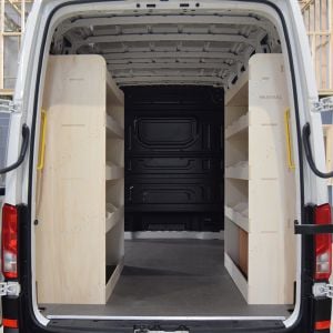 Rear van view of the VW Crafter MWB Rear NS XL and Rear OS Ply Racking and Shelving (Pair)