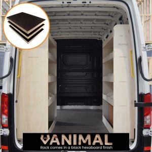 Rear van view of the VW Crafter 2006- MWB Hexaboard XL NS Rear and OS Rear Van Racking System (Pair)