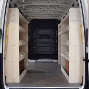 Rear van view of VW Crafter MWB Ply Racking and Shelving Pack 