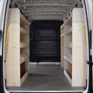 Rear van view of VW Crafter MWB NS Rear and Driver Side Racking with Toolbox Shelves