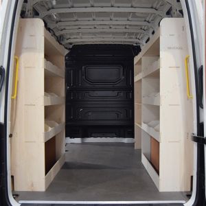 Rear van view of Mercedes Sprinter MWB Ply Racking and Shelving Pack 