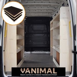 Rear van view of MAN TGE 2017- MWB Hexaboard Triple Van Racking System with x2 Toolbox Shelves

