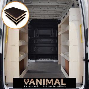 Rear van view of MAN TGE 2017- MWB Hexaboard Triple Van Racking System with x2 Toolbox Shelves
