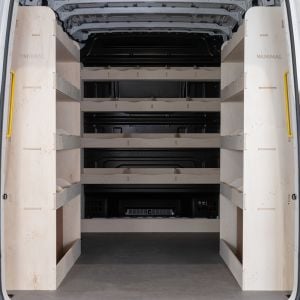 Rear van view of the VW Crafter 2017- MWB Double Rear and Full-Width Bulkhead Ply Racking