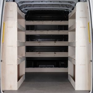 Rear van view of the MAN TGE 2017- MWB Double Rear and Full-Width Bulkhead Ply Racking