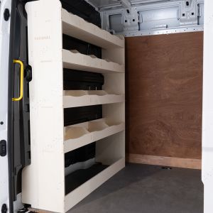 VW Crafter MWB 2017- full-width bulkhead ply line racking and shelving unit with 4 shelves and 15 compartments (side view)
