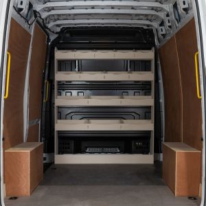 Front view of Mercedes Sprinter 2018- Full-Width Bulkhead Racking and Shelving Unit
