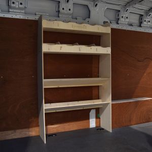 Side van view of the VW Crafter 2006- MWB Front Ply Racking with 2 Toolbox Shelves