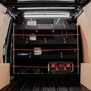 Rear van view of the Ford Transit Custom 2012-2023 Crew Cab Hexaboard Full-Width Bulkhead Racking