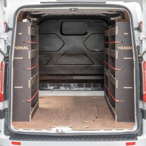 Rear van view of the Ford Transit Custom SWB Hexaboard Triple Racking System (Multi-Compartment)