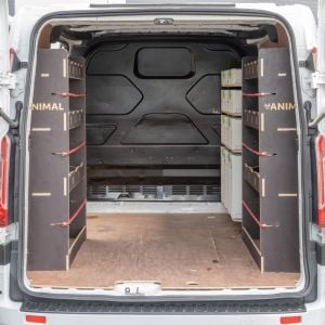 Rear van view of the Transit Custom SWB Hexaboard Triple Racking and Shelving System with x4 Festool Shelves
