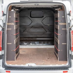 Rear van view of the Transit Custom 2012-2023 SWB Hexaboard NS and OS Rear Racking System (Pair)