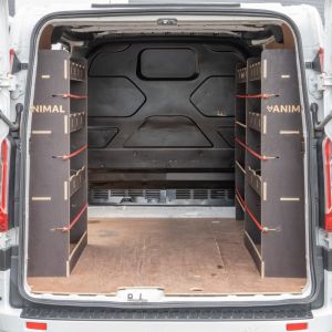 Rear van view of the Transit Custom SWB Hexaboard Triple Racking and Shelving System with x3 Toolbox Shelves