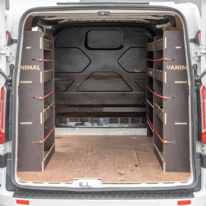 Rear van view of the Ford Transit Custom L1 Hexaboard Triple Racking and Shelving System with x2 Toolbox Shelves