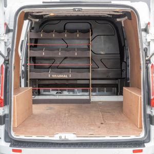 Rear van view of the Ford Transit Custom 2012-2023 Hexaboard Bulkhead Racking and Shelving Unit