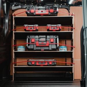 Side van view of the Ford Transit Custom 2023- Milwaukee PackOut Black Hexaboard Adjustable Front Racking