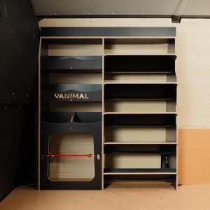 Side van view of the Ford Transit Custom 2023- Milwaukee PackOut Black Hexaboard Front Racking V2