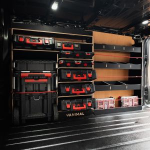 Side van angle view of the Ford Transit Custom 2023- LWB Hexaboard Driver Side Racking with Toolbox Shelves
