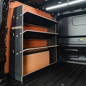 Rear van side angle view of the Ford Transit Custom 2024- SWB Crew Cab NS Hexaboard Toolbox Van Shelving