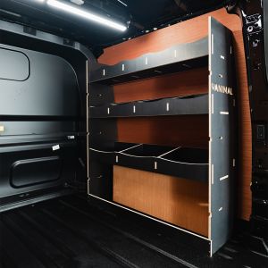 Rear van side angle view of the Ford Transit Custom 2024- LWB Crew Cab OS Hexaboard Van Racking