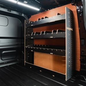 Rear van side angle view of the Ford Transit Custom 2024- LWB Crew Cab OS Adjustable Hexaboard Van Racking