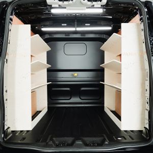 Rear van view of the Ford Transit Custom 2024- Crew Cab NS & OS Toolbox Van Shelving - Pair