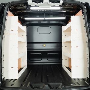 Rear van view of the Ford Transit Custom 2024- LWB Crew Cab Double Van Racking (Pair)