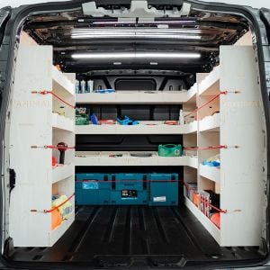 Rear van view of the Ford Transit Custom SWB 2012-2023 Complete Full Van Racking Solution displaying equipment, tools and boxes