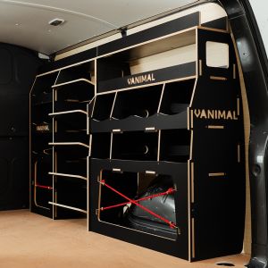 Rear side angle view of the VW Transporter T7 Hexaboard Driver Side Ulti-Rack Van Racking V4
