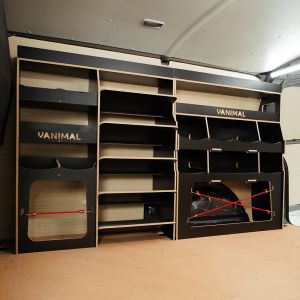 Side angle view of the VW Transporter T5/T6 Hexaboard Driver Side Ulti-Rack Van Racking V4
