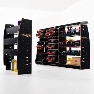 OS side view of the 2023+ Transit Custom SWB Hexaboard Adjustable Double Rear Racking and Toolbox Shelving