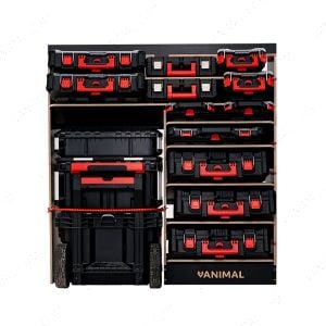 Front face view of the Ford Transit Custom 2012-2023 LWB Front Milwaukee PackOut Black Hexaboard Shelving