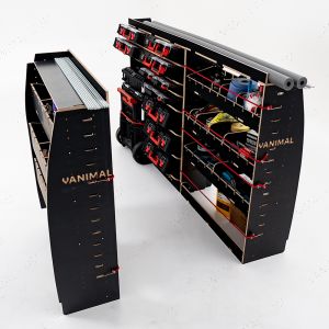 Top angle view of the Transit Custom LWB 12-23 Adjustable Hexaboard Double Rear Racking and Toolbox Shelving