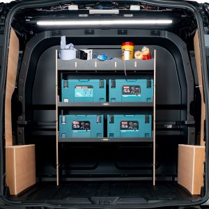 Rear van view of the Ford Transit Custom 2024- Crew Cab Hexaboard Bulkhead Van Racking MakPac/Toolbox displayed with tools and makita toolboxes