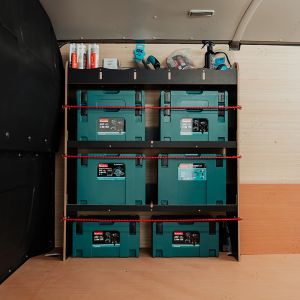 Side van view of the Vauxhall Vivaro C 2019+ Hexaboard OS Front MakPac/Toolbox Shelves & Compartments - Makita tools displayed 
