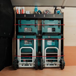 Side van view of the Hexaboard OS Front MakPac/Toolbox Shelves & Compartments - Makita tools displayed in the Renault Trafic 2014-