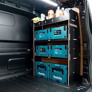 Close-up Rear van view of the Transit Custom 2024- SWB Crew Cab OS MakPac Toolbox Hexaboard Van Racking