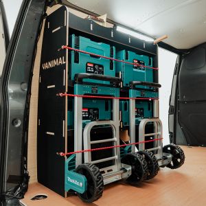 Peugeot Expert 2016- LWB Hexaboard NS Rear MakPac/Toolbox Shelves & Compartments displaying equipment, tools and boxes