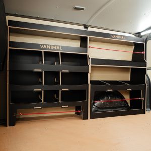 Side van angle view of the VW Transporter T7 Hexaboard Driver Side Ulti-Rack Van Racking V3
