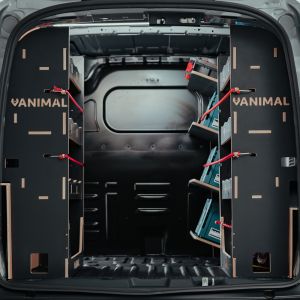 Rear van view of the Transit Courier 2024- Hexaboard Triple Van Racking Pack with x3 Toolbox Shelves