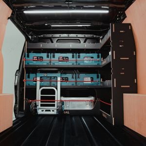 Rear van view of the Transit Custom 2023- Hexaboard Front & Bulkhead Makita MakPac Van Racking