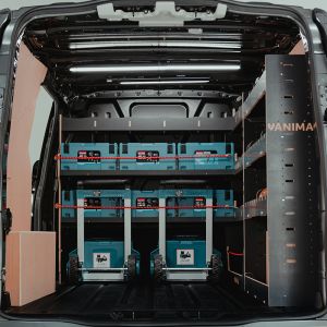 Rear van view of the Transit Custom 2012-2023 SWB Hexaboard MakPac L-Rack and Adjustable Rear Racking