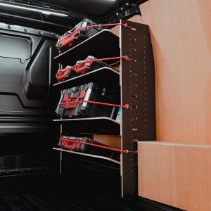 Side angle view of the Ford Transit Custom 2012-2023 Hexaboard Adjustable Front Toolbox Shelving Rack