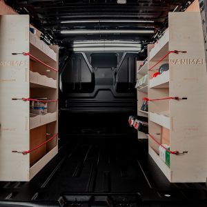 Rear van view of the Ford Transit Custom 2023- LWB Triple Ply Van Racking Pack inc x4 Toolbox Shelves