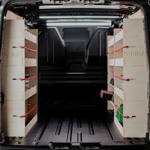 Rear van view of the Ford Transit Custom 2023- LWB Triple Ply Van Racking Pack inc x2 Toolbox Shelves